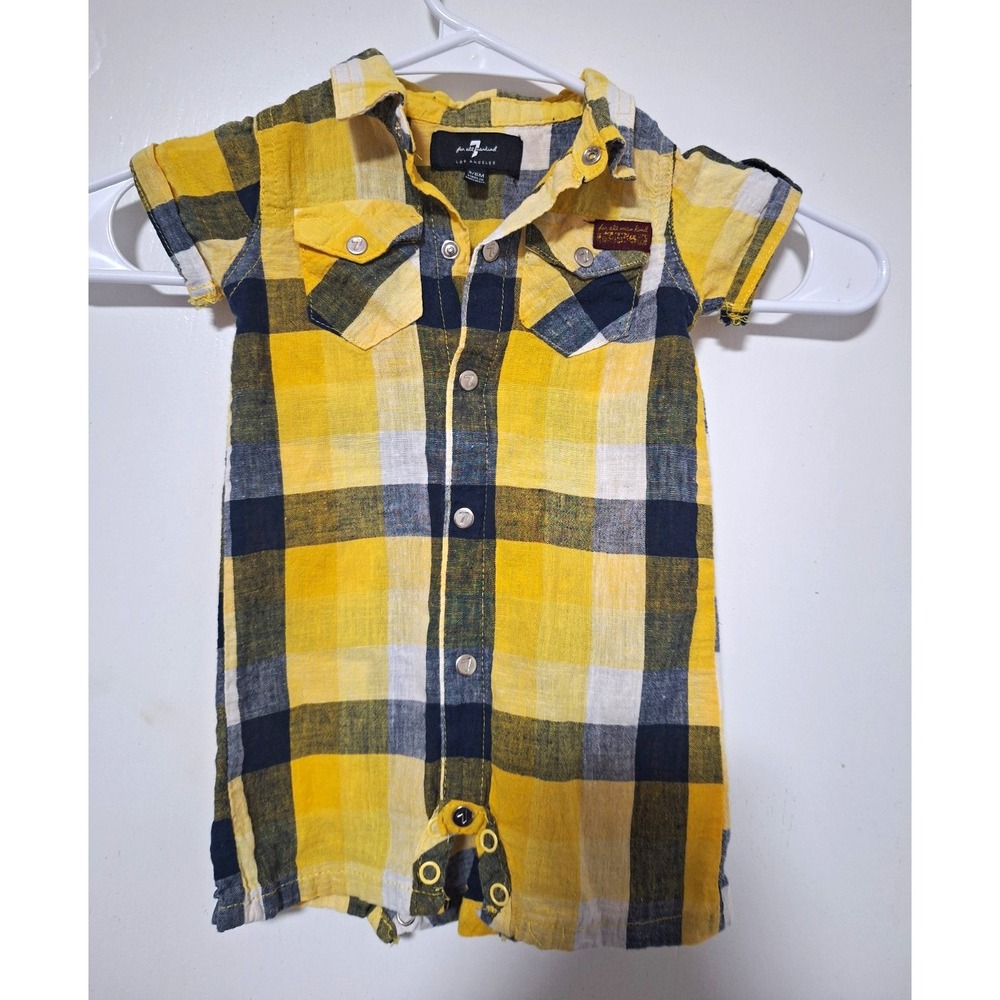 7 For All Mankind Baby Yellow Plaid Short Sleeve Romper Bodysuit 3-6 Months